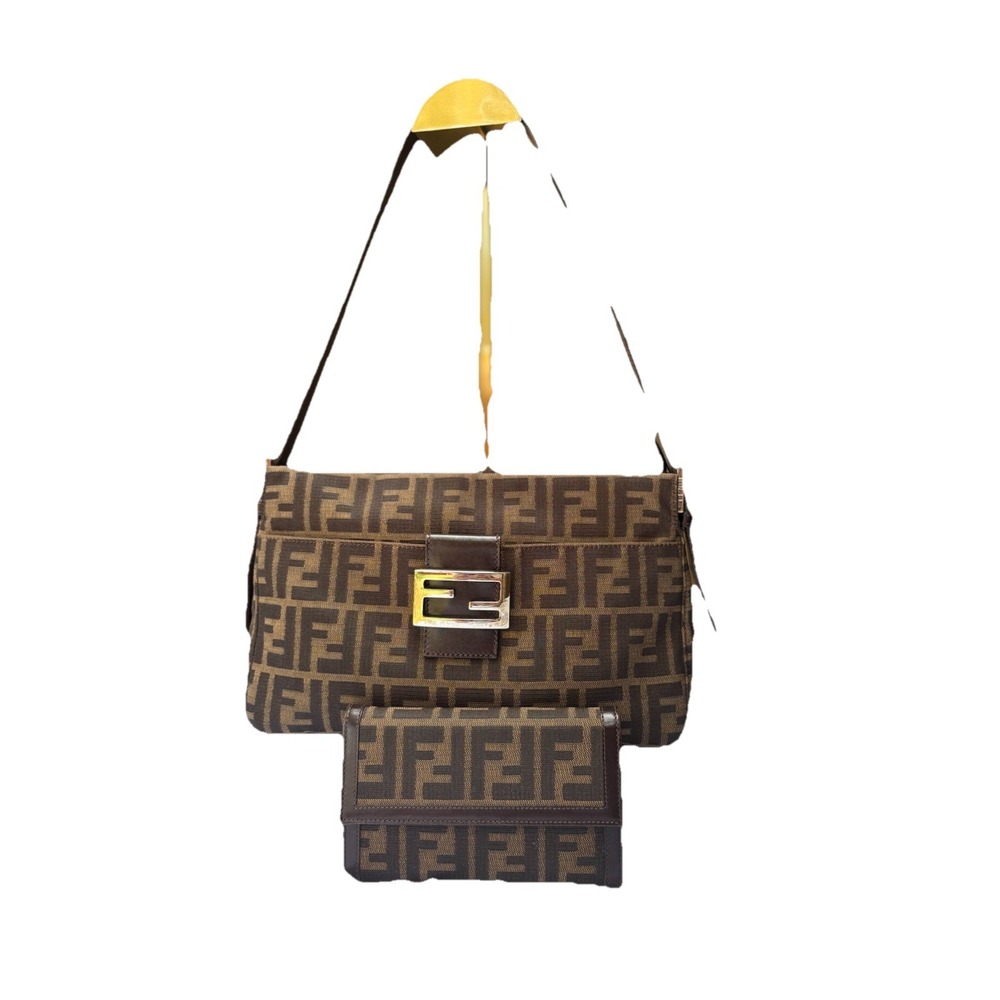 FENDI Zucca Flat Mouth Mamma Baguette Shoulder Bag W/matching Fendi Zucca Wallet